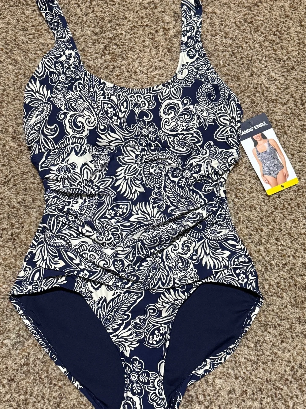 Lands' End Navy and White Paisley One Piece Swimsuit Womens S NWT